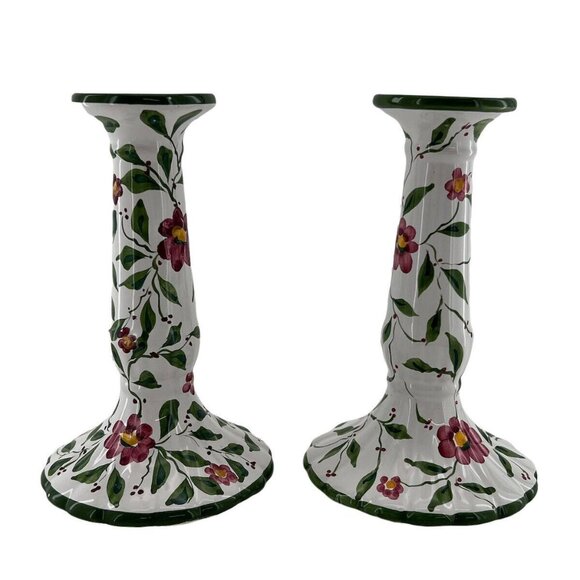 VTG RC & CLPorcelain Candlesticks Portugal Handpainted Flowers Vines - Picture 1 of 10